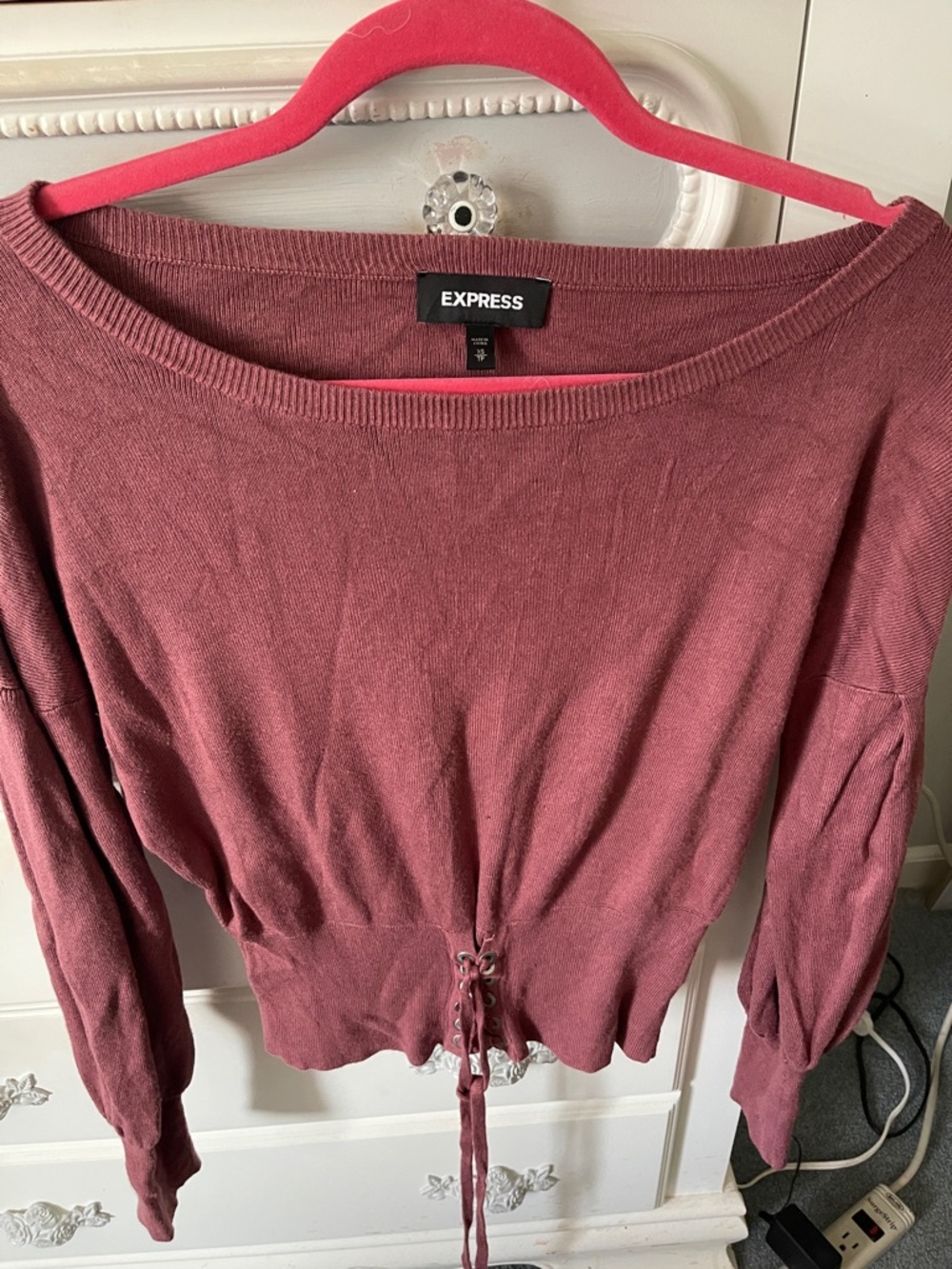 Express Rosewood Drawstring Waist Boatneck Sweater
